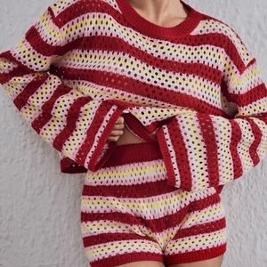 Stripped drop shoulder pointelle knit sweater and short set - two piece set